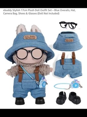 Labubu Blue Denim Doll Outfit Set - Hat, Overalls, Camera Bag & Accessories